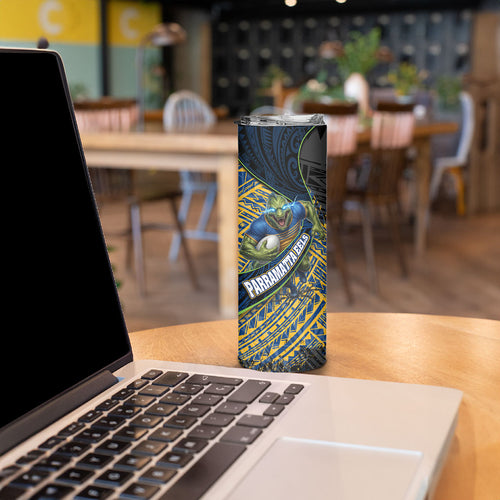 Parramatta Eels Rugby Skinny Tumbler Tribal Polynesian Power Art - Lightning Mascot