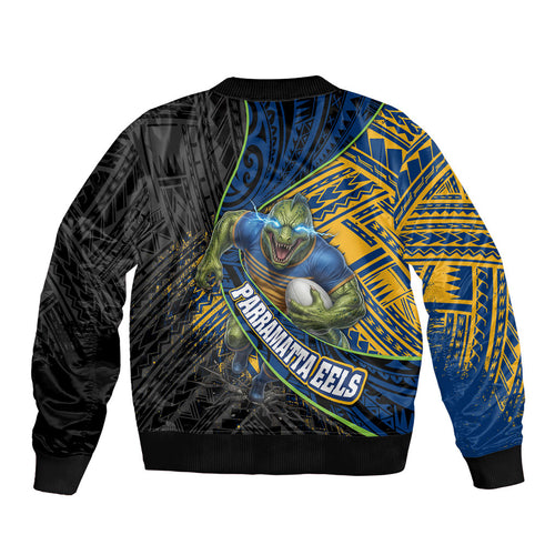 Parramatta Eels Rugby Sleeve Zip Bomber Jacket Tribal Polynesian Power Art - Lightning Mascot