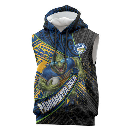 Parramatta Eels Rugby Sleeveless Hoodie Tribal Polynesian Power Art - Lightning Mascot