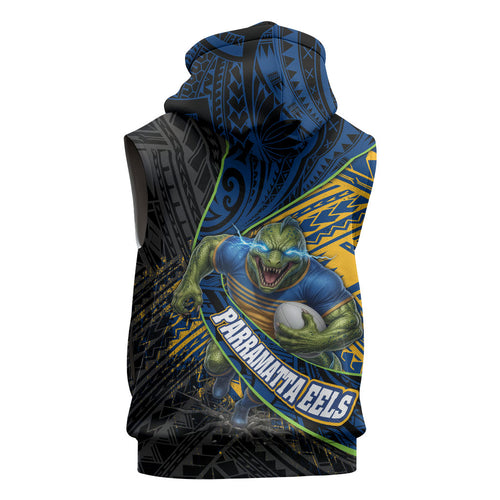 Parramatta Eels Rugby Sleeveless Hoodie Tribal Polynesian Power Art - Lightning Mascot