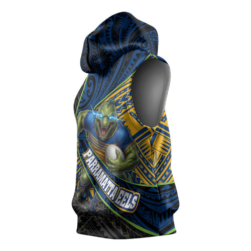 Parramatta Eels Rugby Sleeveless Hoodie Tribal Polynesian Power Art - Lightning Mascot