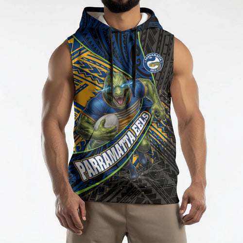 Parramatta Eels Rugby Sleeveless Hoodie Tribal Polynesian Power Art - Lightning Mascot