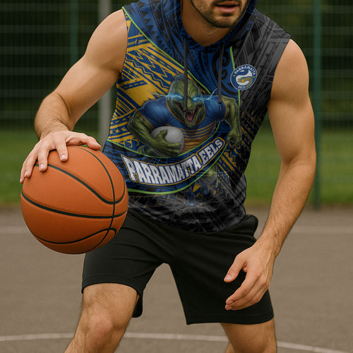 Parramatta Eels Rugby Sleeveless Hoodie Tribal Polynesian Power Art - Lightning Mascot