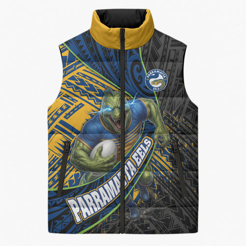 Parramatta Eels Rugby Sleeveless Puffer Jacket Tribal Polynesian Power Art - Lightning Mascot