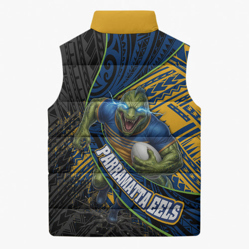 Parramatta Eels Rugby Sleeveless Puffer Jacket Tribal Polynesian Power Art - Lightning Mascot