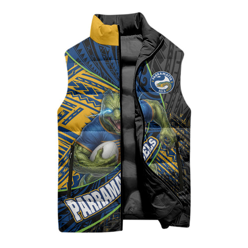Parramatta Eels Rugby Sleeveless Puffer Jacket Tribal Polynesian Power Art - Lightning Mascot