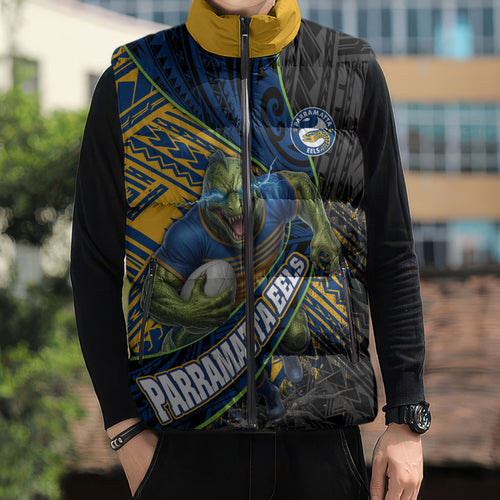 Parramatta Eels Rugby Sleeveless Puffer Jacket Tribal Polynesian Power Art - Lightning Mascot