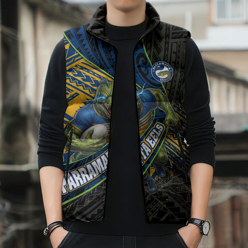 Parramatta Eels Rugby Sleeveless Puffer Jacket Tribal Polynesian Power Art - Lightning Mascot