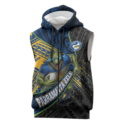 Parramatta Eels Rugby Sleeveless Zip Hoodie Tribal Polynesian Power Art - Lightning Mascot