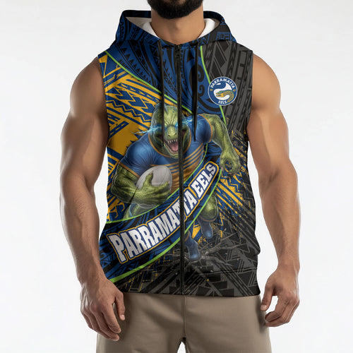 Parramatta Eels Rugby Sleeveless Zip Hoodie Tribal Polynesian Power Art - Lightning Mascot