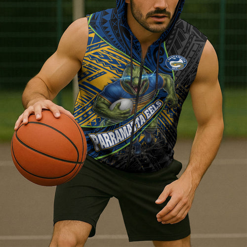Parramatta Eels Rugby Sleeveless Zip Hoodie Tribal Polynesian Power Art - Lightning Mascot