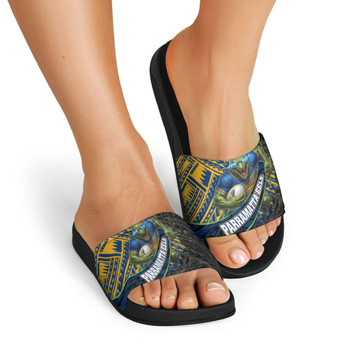 Parramatta Eels Rugby Slide Sandals Tribal Polynesian Power Art - Lightning Mascot