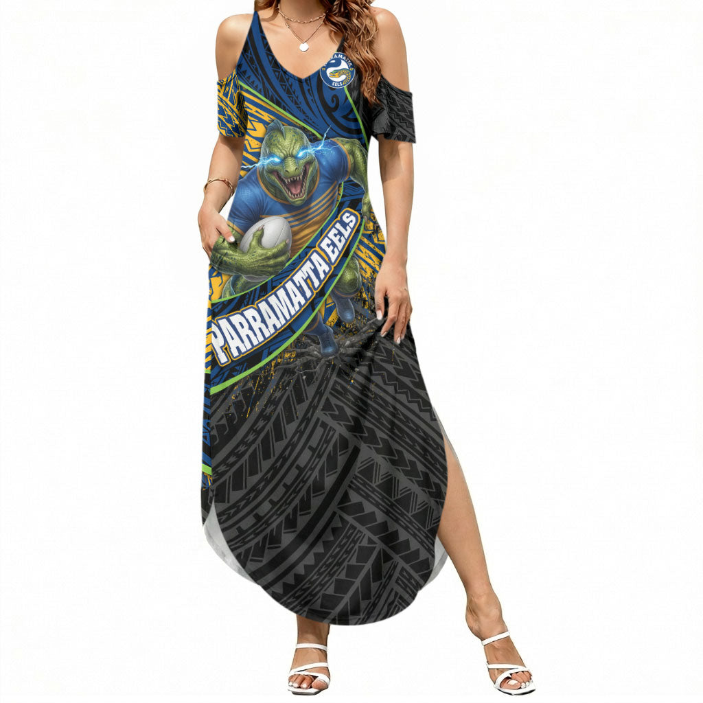 Parramatta Eels Rugby Summer Maxi Dress Tribal Polynesian Power Art - Lightning Mascot