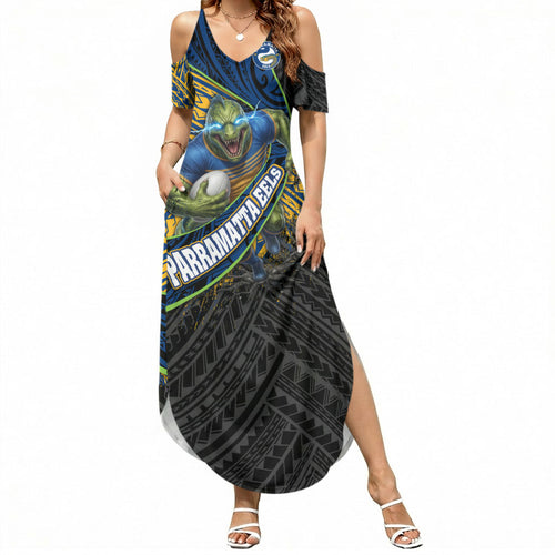 Parramatta Eels Rugby Summer Maxi Dress Tribal Polynesian Power Art - Lightning Mascot