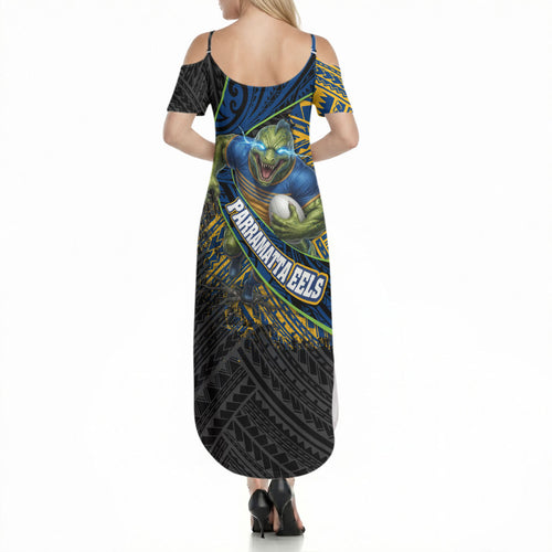 Parramatta Eels Rugby Summer Maxi Dress Tribal Polynesian Power Art - Lightning Mascot