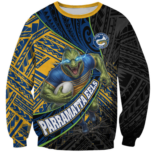 Parramatta Eels Rugby Sweatshirt Tribal Polynesian Power Art - Lightning Mascot