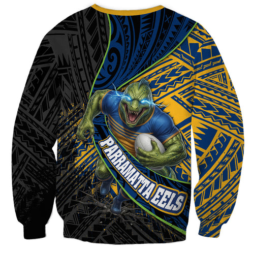 Parramatta Eels Rugby Sweatshirt Tribal Polynesian Power Art - Lightning Mascot