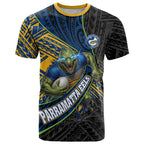 Parramatta Eels Rugby T Shirt Tribal Polynesian Power Art - Lightning Mascot