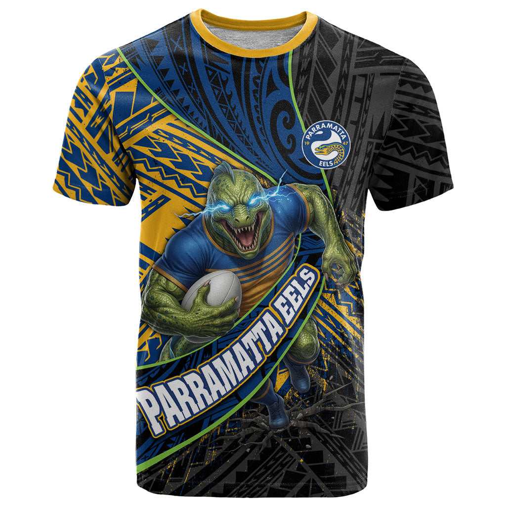 Parramatta Eels Rugby T Shirt Tribal Polynesian Power Art - Lightning Mascot