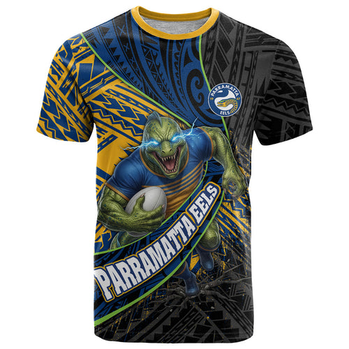 Parramatta Eels Rugby T Shirt Tribal Polynesian Power Art - Lightning Mascot
