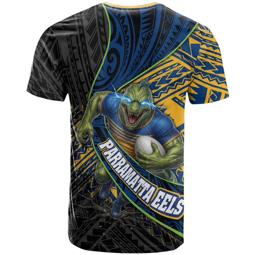 Parramatta Eels Rugby T Shirt Tribal Polynesian Power Art - Lightning Mascot