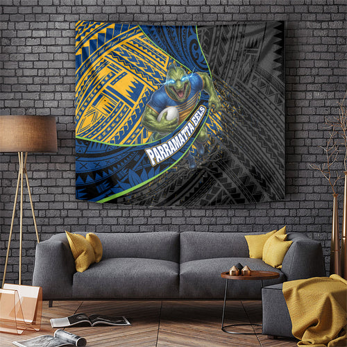 Parramatta Eels Rugby Tapestry Tribal Polynesian Power Art - Lightning Mascot