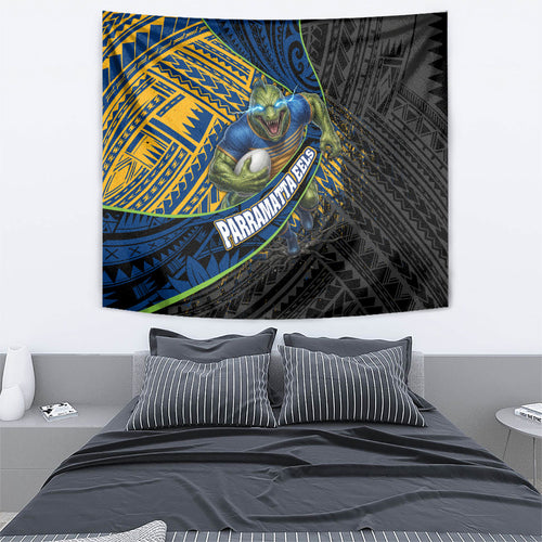 Parramatta Eels Rugby Tapestry Tribal Polynesian Power Art - Lightning Mascot