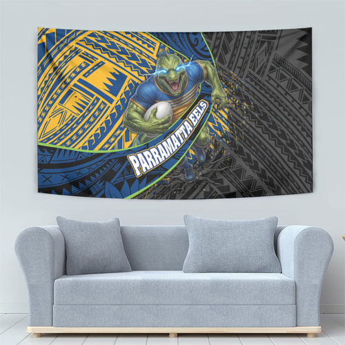 Parramatta Eels Rugby Tapestry Tribal Polynesian Power Art - Lightning Mascot