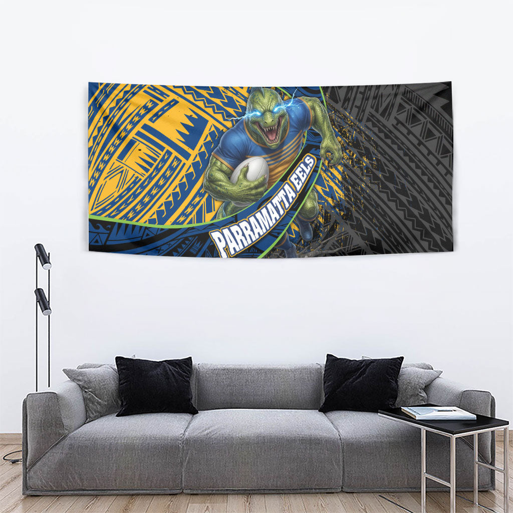 Parramatta Eels Rugby Tapestry Tribal Polynesian Power Art - Lightning Mascot