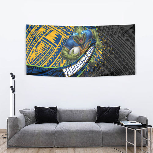 Parramatta Eels Rugby Tapestry Tribal Polynesian Power Art - Lightning Mascot