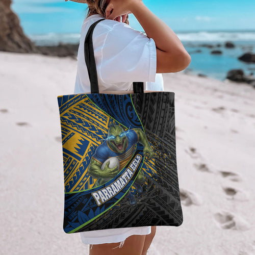 Parramatta Eels Rugby Tote Bag Tribal Polynesian Power Art - Lightning Mascot