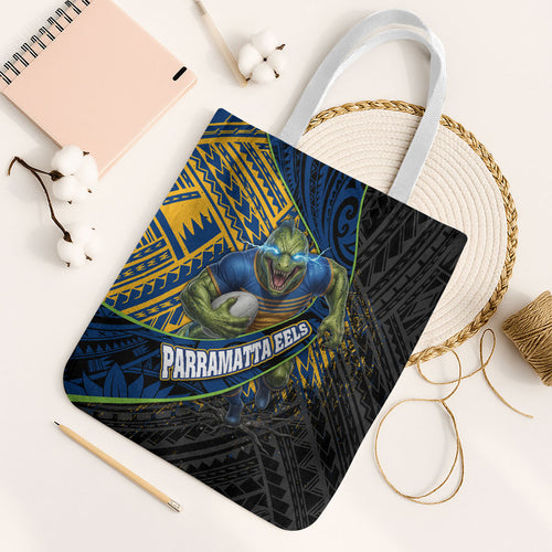 Parramatta Eels Rugby Tote Bag Tribal Polynesian Power Art - Lightning Mascot