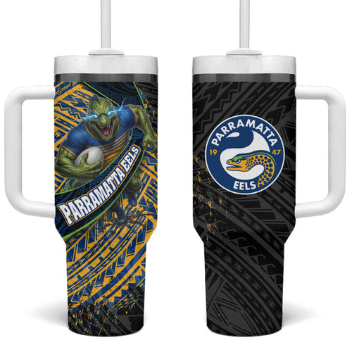 Parramatta Eels Rugby Tumbler With Handle Tribal Polynesian Power Art - Lightning Mascot