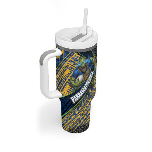 Parramatta Eels Rugby Tumbler With Handle Tribal Polynesian Power Art - Lightning Mascot