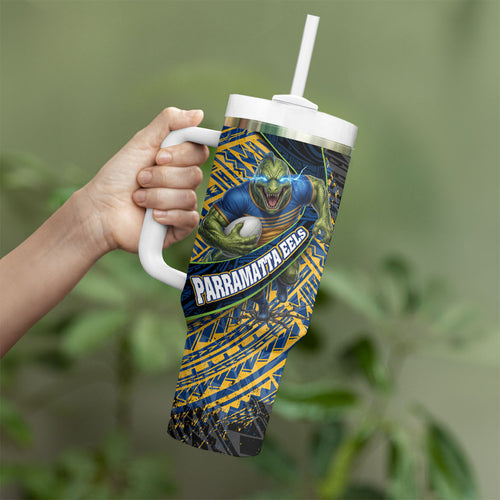 Parramatta Eels Rugby Tumbler With Handle Tribal Polynesian Power Art - Lightning Mascot