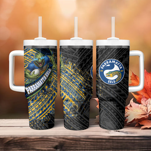 Parramatta Eels Rugby Tumbler With Handle Tribal Polynesian Power Art - Lightning Mascot