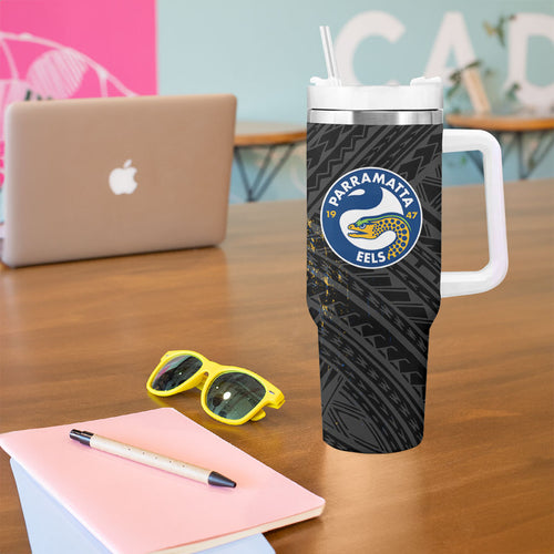 Parramatta Eels Rugby Tumbler With Handle Tribal Polynesian Power Art - Lightning Mascot