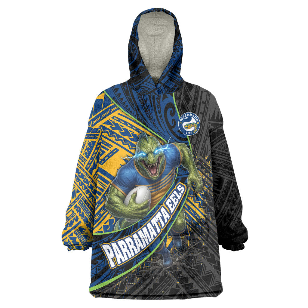 Parramatta Eels Rugby Wearable Blanket Hoodie Tribal Polynesian Power Art - Lightning Mascot