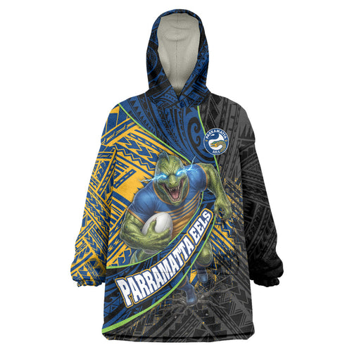 Parramatta Eels Rugby Wearable Blanket Hoodie Tribal Polynesian Power Art - Lightning Mascot