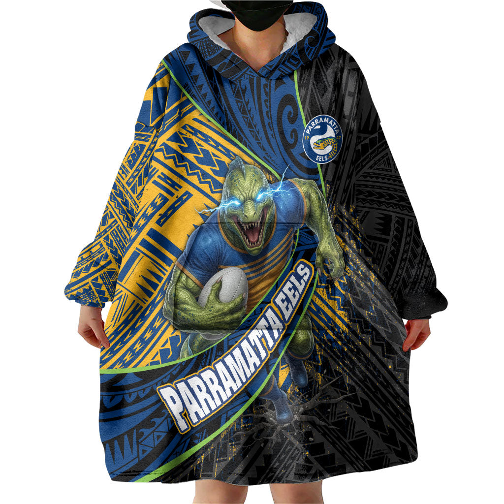 Parramatta Eels Rugby Wearable Blanket Hoodie Tribal Polynesian Power Art - Lightning Mascot