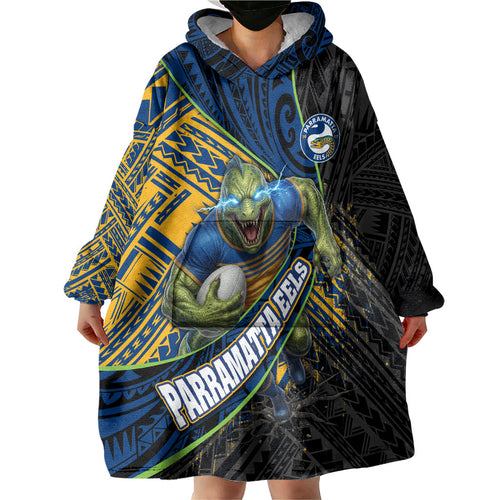 Parramatta Eels Rugby Wearable Blanket Hoodie Tribal Polynesian Power Art - Lightning Mascot