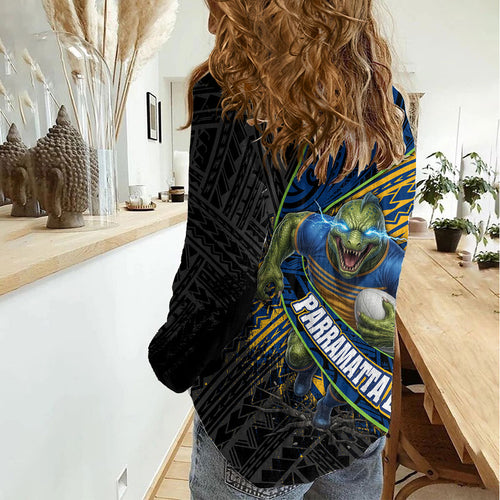 Parramatta Eels Rugby Women Casual Shirt Tribal Polynesian Power Art - Lightning Mascot