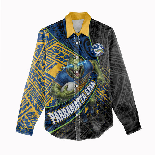 Parramatta Eels Rugby Women Casual Shirt Tribal Polynesian Power Art - Lightning Mascot