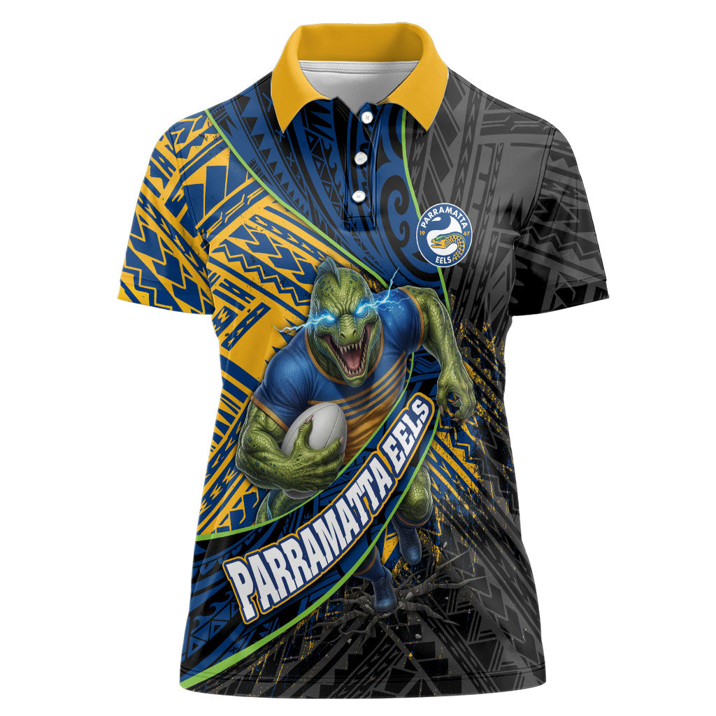 Parramatta Eels Rugby Women Polo Shirt Tribal Polynesian Power Art - Lightning Mascot