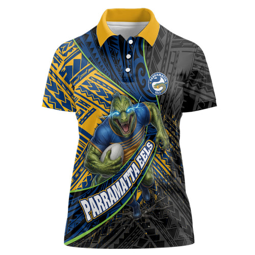 Parramatta Eels Rugby Women Polo Shirt Tribal Polynesian Power Art - Lightning Mascot