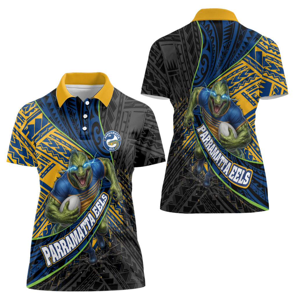 Parramatta Eels Rugby Women Polo Shirt Tribal Polynesian Power Art - Lightning Mascot