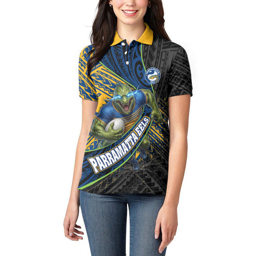 Parramatta Eels Rugby Women Polo Shirt Tribal Polynesian Power Art - Lightning Mascot