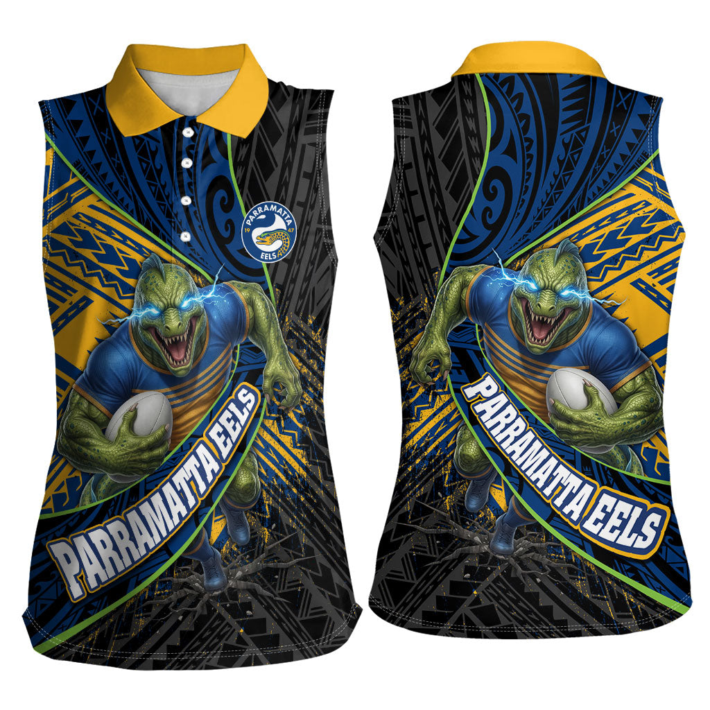 Parramatta Eels Rugby Women Sleeveless Polo Shirt Tribal Polynesian Power Art - Lightning Mascot