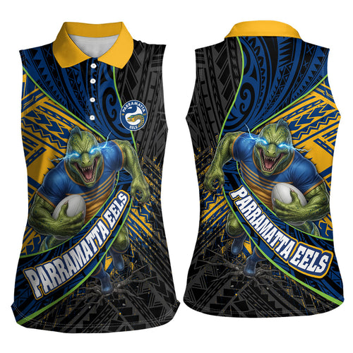 Parramatta Eels Rugby Women Sleeveless Polo Shirt Tribal Polynesian Power Art - Lightning Mascot