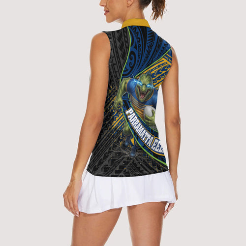 Parramatta Eels Rugby Women Sleeveless Polo Shirt Tribal Polynesian Power Art - Lightning Mascot